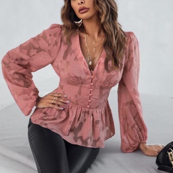 Pink Bishop Sleeve Peplum Blouse - Picture 6 of 8